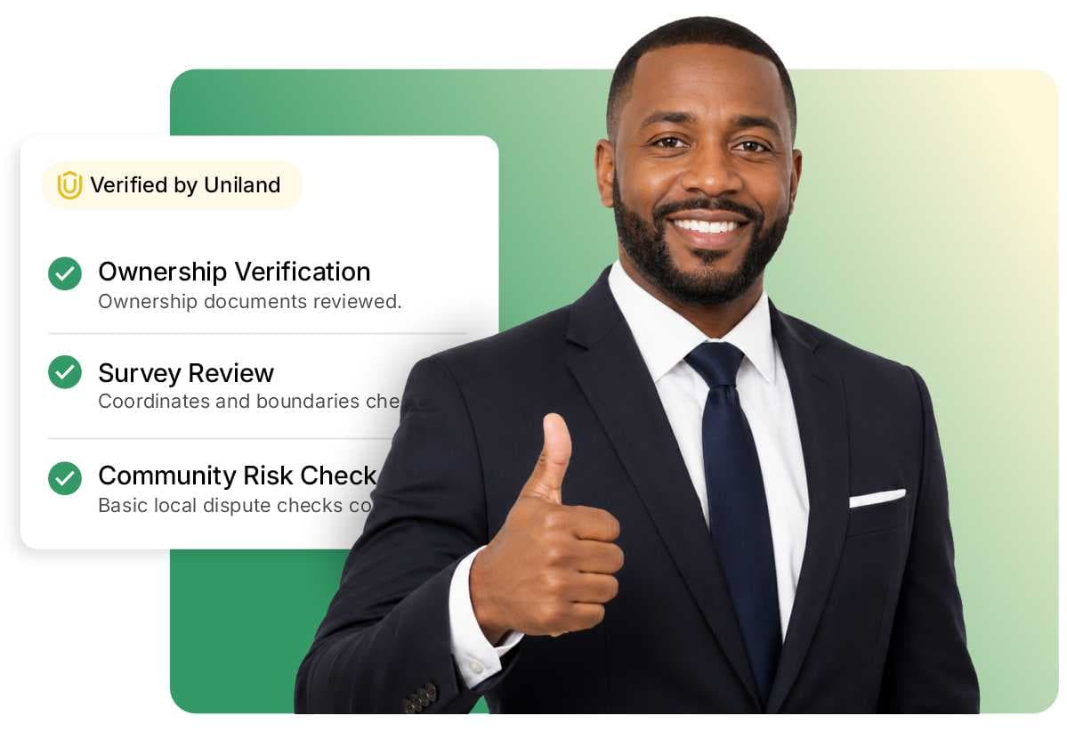 Uniland verification checklist: ownership verification, survey review, and community risk check, confirmed by a Uniland representative